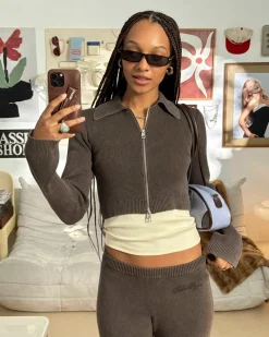 Nude Project First Class Zip-Up Knit Cardigan Brown Outlet