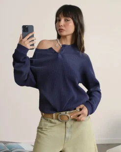 Nude Project Global Soon Waffle Polo Navy Clearance