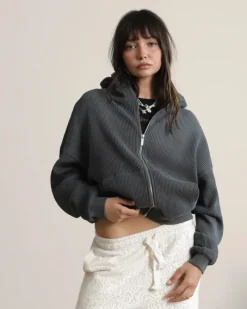 Nude Project Global Soon Waffle Zip-Up Hoodie Ash New