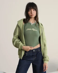 Nude Project Global Soon Waffle Zip-Up Hoodie Green New