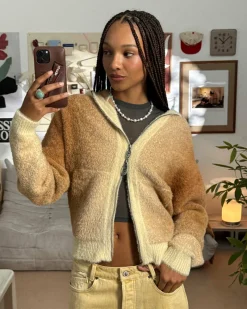 Nude Project Gradient Zip-Up Knit Hoodie Brown Clearance