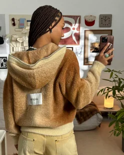 Nude Project Gradient Zip-Up Knit Hoodie Brown Clearance