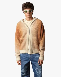 Nude Project Gradient Zip-Up Knit Hoodie Brown Clearance