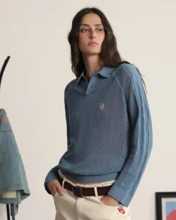 Nude Project Raglan Knit Polo Blue Outlet