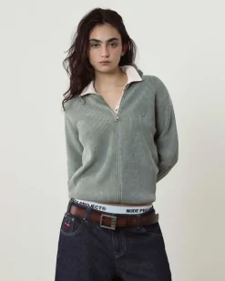 Nude Project Shady Zip-Up Knit Cardigan Green New