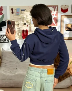 Nude Project Varsity Cropped Hoodie Navy Fashion