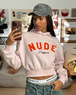 Nude Project Varsity Cropped Hoodie Pink Outlet