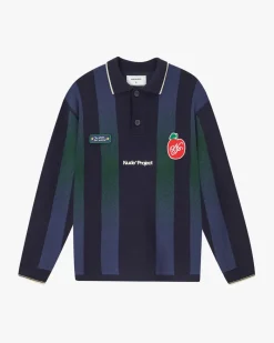Nude Project Vizcaya Football Polo Knit Navy Blue New