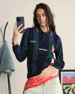 Nude Project Vizcaya Football Polo Knit Navy Blue New