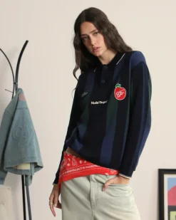 Nude Project Vizcaya Football Polo Knit Navy Blue New