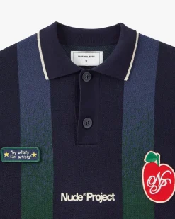 Nude Project Vizcaya Football Polo Knit Navy Blue New