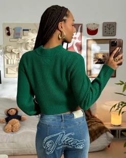 Nude Project Wifey Knit Cropped Sweater Green New